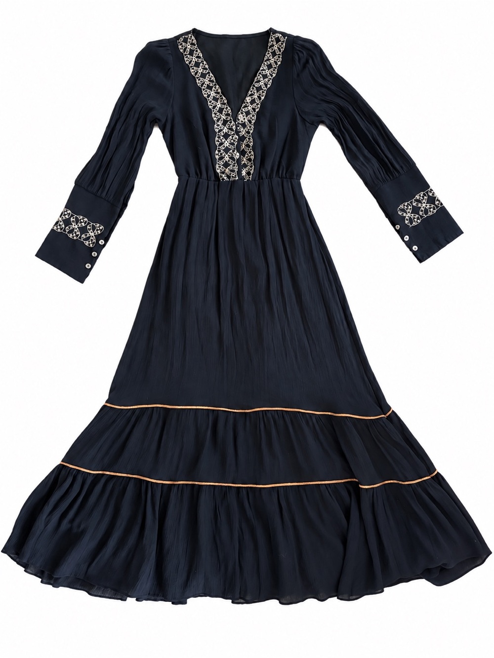 Vintage Women's Black Embroidered V-Neck Maxi Dress